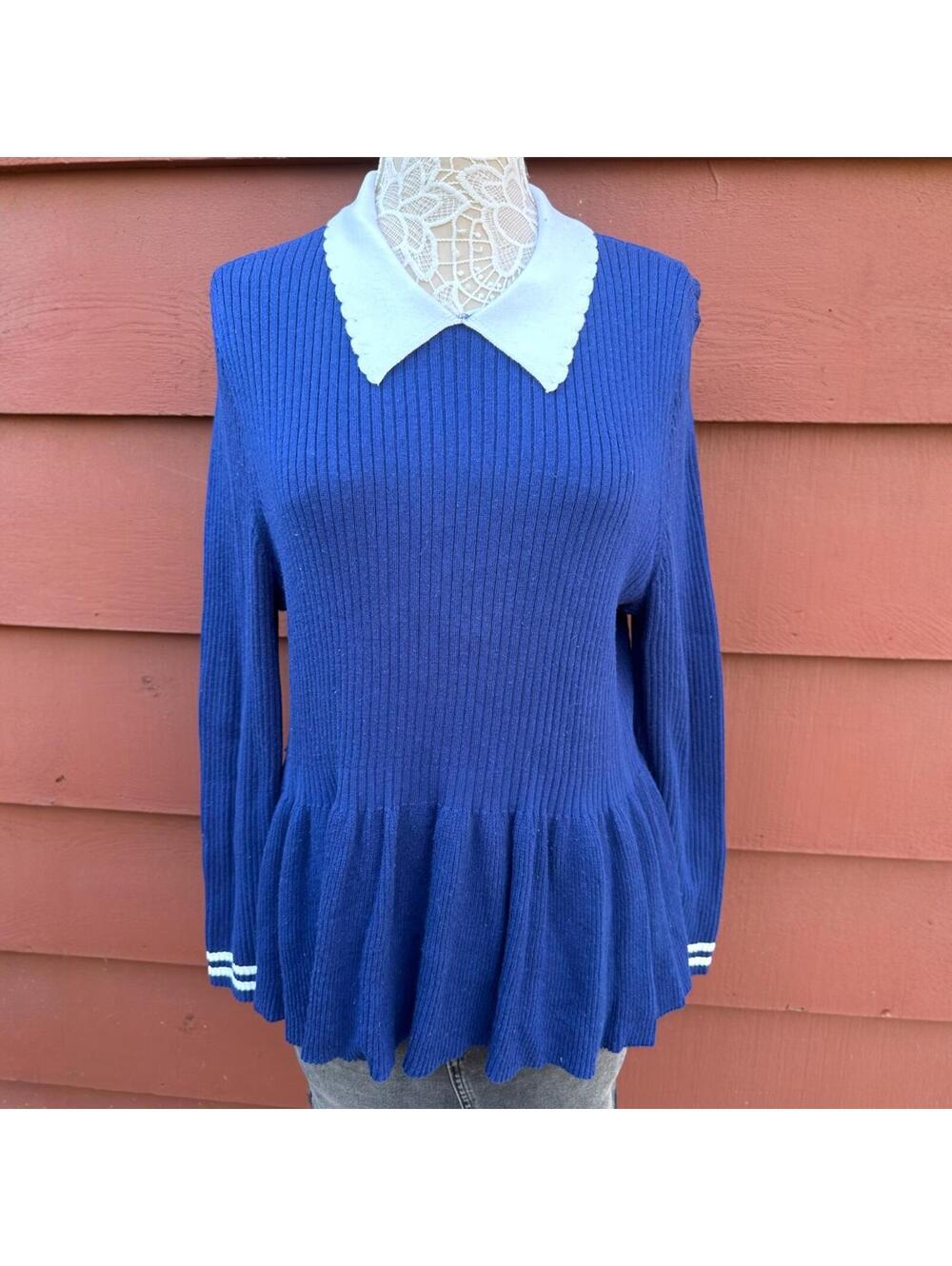 ELLE Royal Blue Peplum Sweater with White Scalloped Peter Pan Collar Coquette